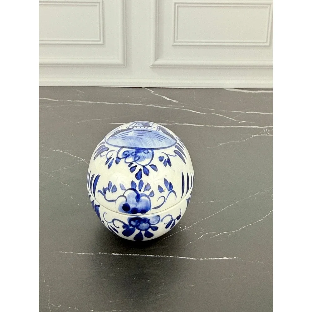 VTG Hand Painted Delfts Blue Holland Ceramic Blue White Windmill Egg Trinket Box